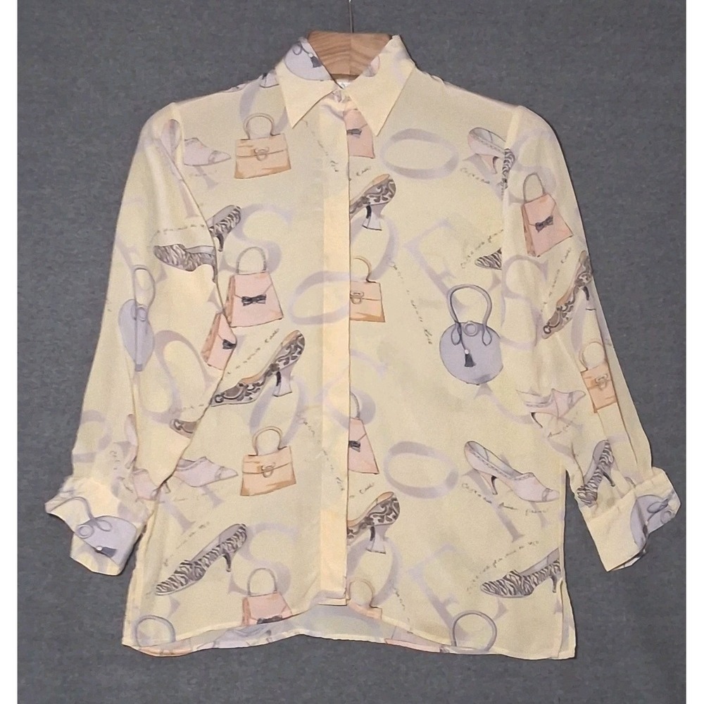 Vtg PIANO 100% Silk Button Up Blouse Women's Small Butter Yellow Bags Heels